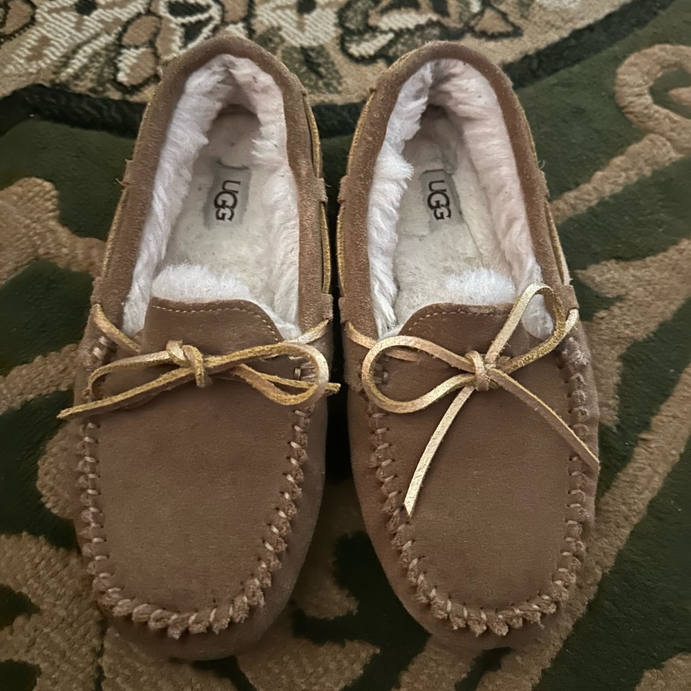 UGG Chestnut Suede Moccasin Slippers with White Shearling